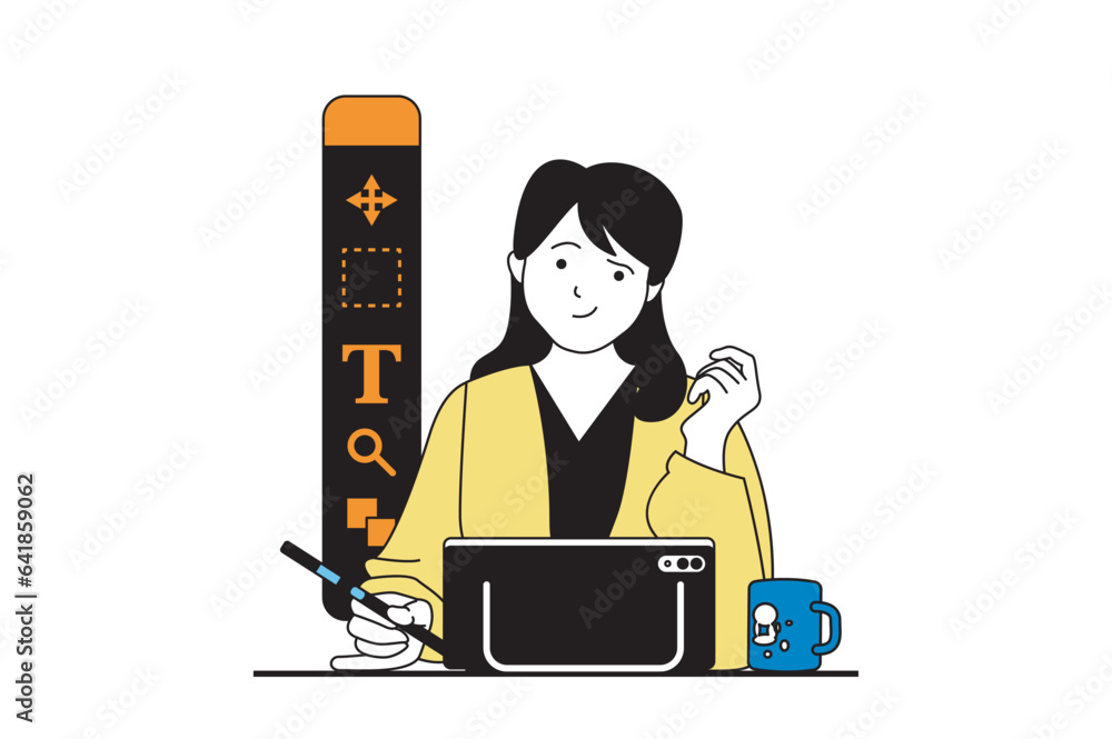 Poster designer agency concept with people scene in flat web design. woman drawing at graphic tablet, using