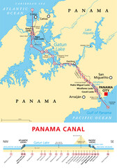 Panama Canal, political map and schematic diagram, illustrating the sequence of locks and passages. An artificial waterway, connecting the Atlantic Ocean with the Pacific Ocean, and expanded in 2016.