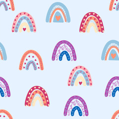 Seamless pattern graceful rainbows in boho colors. Scandinavian baby hand style for newborns.