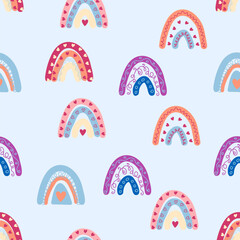 Seamless pattern graceful rainbows in boho colors. Scandinavian baby hand style for newborns.
