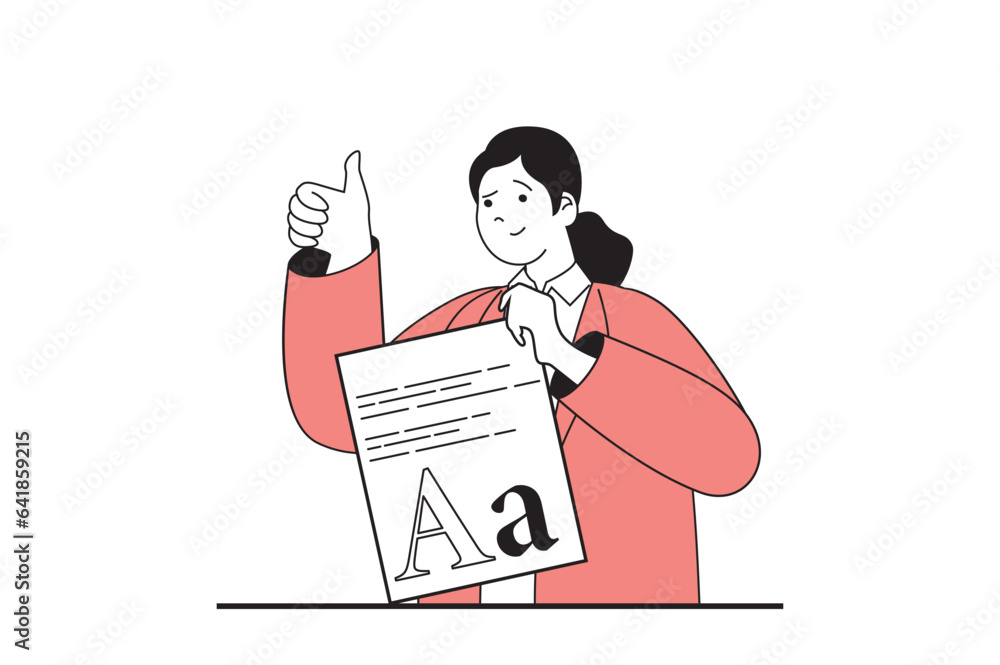 Poster designer agency concept with people scene in flat web design. woman creating digital project, progra