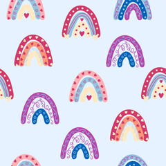 Seamless pattern graceful rainbows in boho colors. Scandinavian baby hand style for newborns.