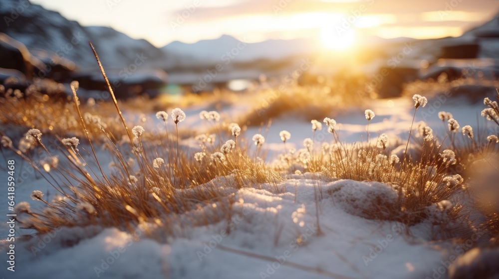 Aufkleber the sun is setting over a field of snow. generative ai.
