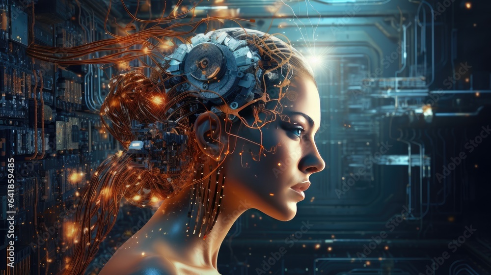 Poster mix of artificial intelligence and of human brain and circuit boards, intersection of artificial int