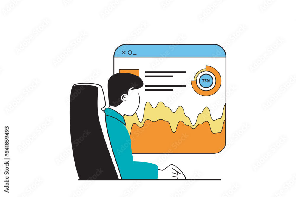 Poster digital business concept with people scene in flat web design. man working with graph statistics of 