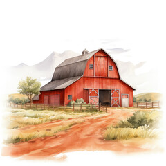 Watercolor red barn Illustration, Generative Ai