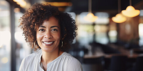 Lifestyle portrait of black woman entrepreneur in restaurant cafe coworking space interior - obrazy, fototapety, plakaty