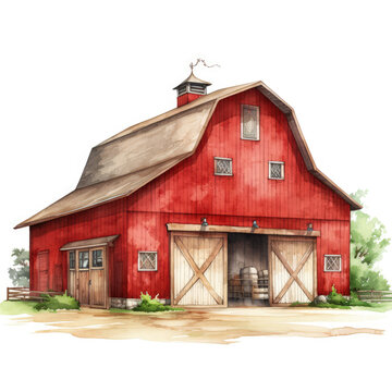 Watercolor red barn Illustration, Generative Ai