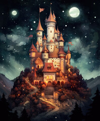 Fairytale Castle at Night Illustration