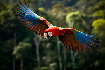 A Scarlet Macaw Swoops Over Dense Jungle