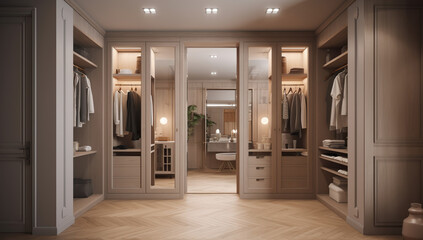 Closet with modern lighting wooden flooring , concept of Minimalist design 