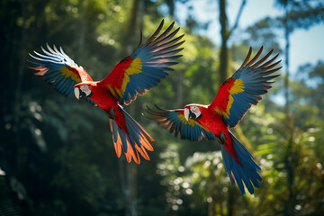 Two Scarlet Macaws Come in To Land in a Remote Amazon  Location - obrazy, fototapety, plakaty