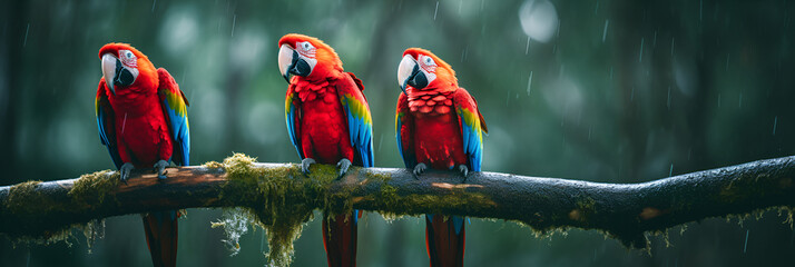 Three Scarlet Macaws Perch On a Branch to Take Refuge From The Rain Deep in the Amazon Rainforest  - obrazy, fototapety, plakaty