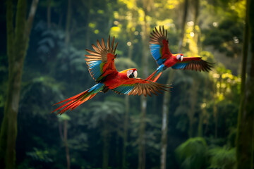 A Couple of Scarlet Macaws Fly Through The Amazon Rainforest