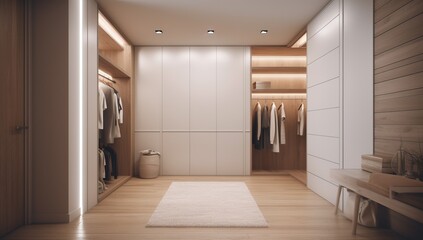 Closet with modern lighting wooden flooring , concept of Minimalist design 