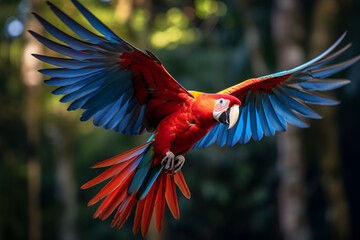 A Scarlet Macaw Spreads It’s Wings To Take Off In The Costa Rican Rainforest - obrazy, fototapety, plakaty