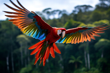 A Scarlet Macaw Spreads It’s Wings Over The Amazon Rainforest 