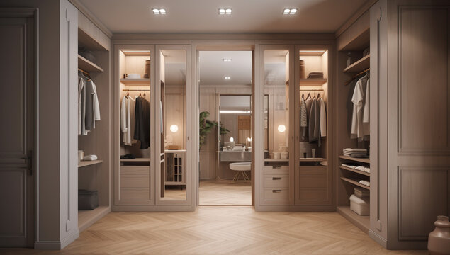 Closet with modern lighting wooden flooring , concept of Minimalist design 