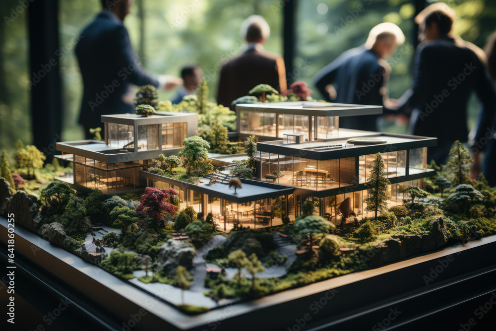 Poster sustainable architecture. designers creating green building plans symbolize the eco-conscious approa