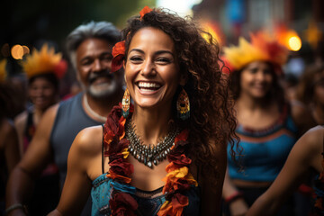 Fototapeta premium Cultural Fusion. People from diverse backgrounds mingling in a street festival embody the fusion of influences in My Latin America. Generative Ai.