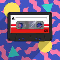 Vector Illustration of a Cassette Tape against a retro nineties background