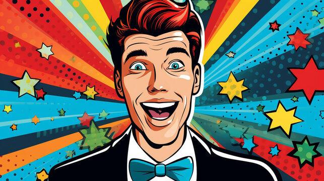 Happy Male Face, Smile Pop Art Retro Vector Illustration