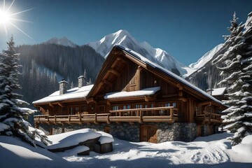 Mountain chalet with beams and a stone fireplace - AI Generative