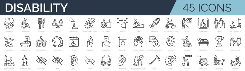Obrazy na Plexi  Set of 45 outline icons related to disability, disabled people. Linear icon collection. Editable stroke. Vector illustration