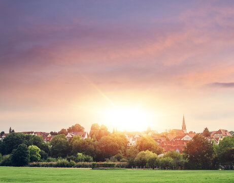 Freiberg am Neckar On the Sunset. Small European town in Baden Wurttemberg, Germany, Europe. Nekar river, southwestern Germany