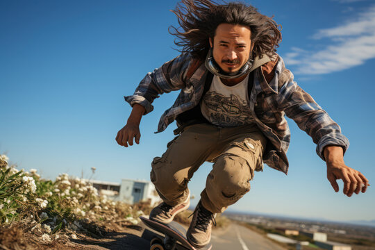 Defying Gravity. A skateboarder catches air, embodying the thrill and audacity of the athletic spirit. Generative Ai.