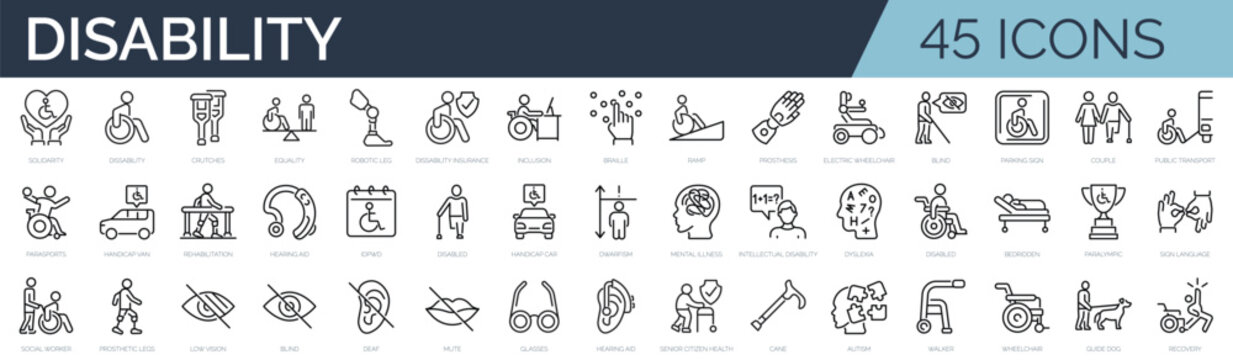 Set of 45 outline icons related to disability, disabled people. Linear icon collection. Editable stroke. Vector illustration