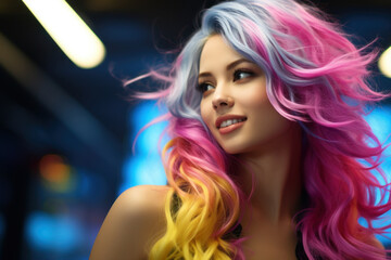Obraz na płótnie Canvas A person styles their hair with neon-colored hair extensions, embracing the bold and vibrant trends of the Y2K era. Generative Ai.
