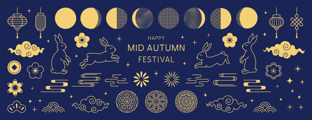 Mid Autumn Festival. Chinese traditional ornaments. Set of gold decorative elements, rabbits, moon, flowers, mooncakes, fireworks, lanterns, clouds. Concept for holiday decor, card, poster, banner.  - obrazy, fototapety, plakaty