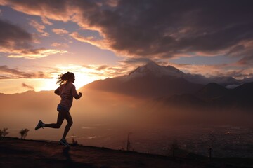 Sportswoman running in the mountains at sunset