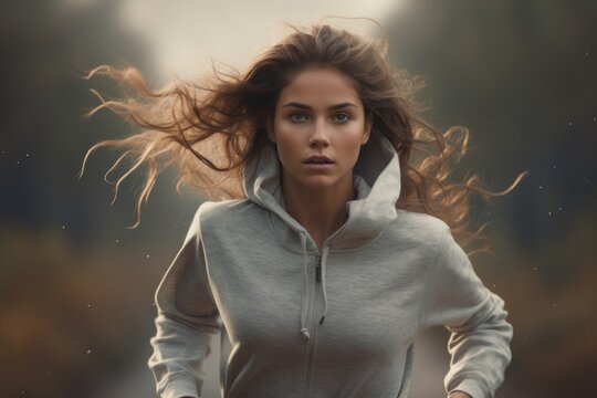 Portrait of a focused young woman running with a blurred background