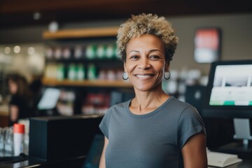 Smiling portrait of a middle aged african american woman working in a super market or grocery store