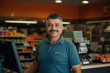Portrait of a middle aged caucasian cashier or clerk working in a supermarket or grocery store