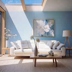  A minimalist living room with a skylight and a white
