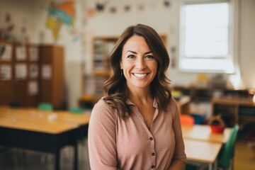 Smiling portrait of a middle aged caucasian elementary school teacher teaching a class of students