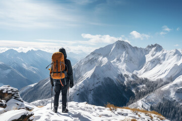 A person takes a moment to admire the view from a mountaintop after a rewarding winter hike, capturing the beauty of the snowy landscape. Generative Ai.