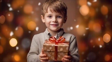 Fototapeta na wymiar Little boy in winter clothes is holding a gift package with a bow, received for Christmas. Generative AI