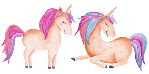 Unicorn Watercolor illustration in pink pastel colors for baby and girls design. Isolated clipart hand-drawn mythical animal for children's product design, children's party and baby shower.