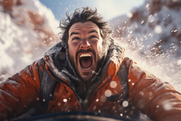 Fototapeta premium A person captures the excitement of tubing down a snowy hill, experiencing the thrill of speed and laughter during a winter adventure. Generative Ai.