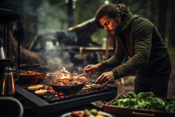 A camper prepares a meal over an open flame, mastering the art of outdoor cooking during a camping...