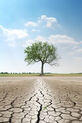 lonely tree in middle of dry ground, plant in desert, climate change concept, generative AI