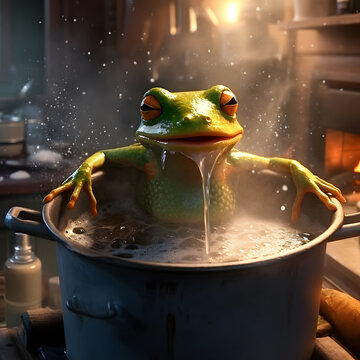 Funny relaxed frog sitting in a boiling pot of water