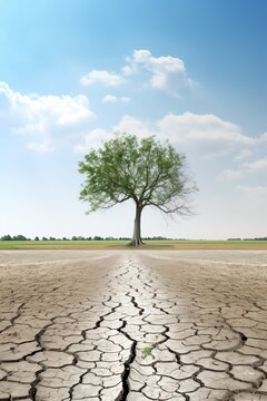 lonely tree in middle of dry ground, plant in desert, climate change concept, generative AI