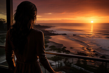 A person captures the breathtaking sunset over the ocean from the balcony of their resort suite, embracing the beauty of coastal living. Generative Ai.