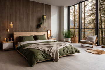 Cozy stylish Scandinavian bedroom interior in natural shades with a large French window