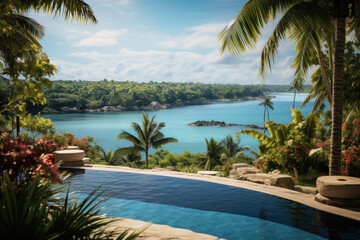 Fototapeta na wymiar A resort's infinity pool offers an unobstructed view of a tropical paradise, inviting guests to swim and soak in pure luxury. Generative Ai.